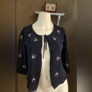 Vintage Leyla Mitra 100 Silk cardigan Sweater women’s black Embroidery flowers